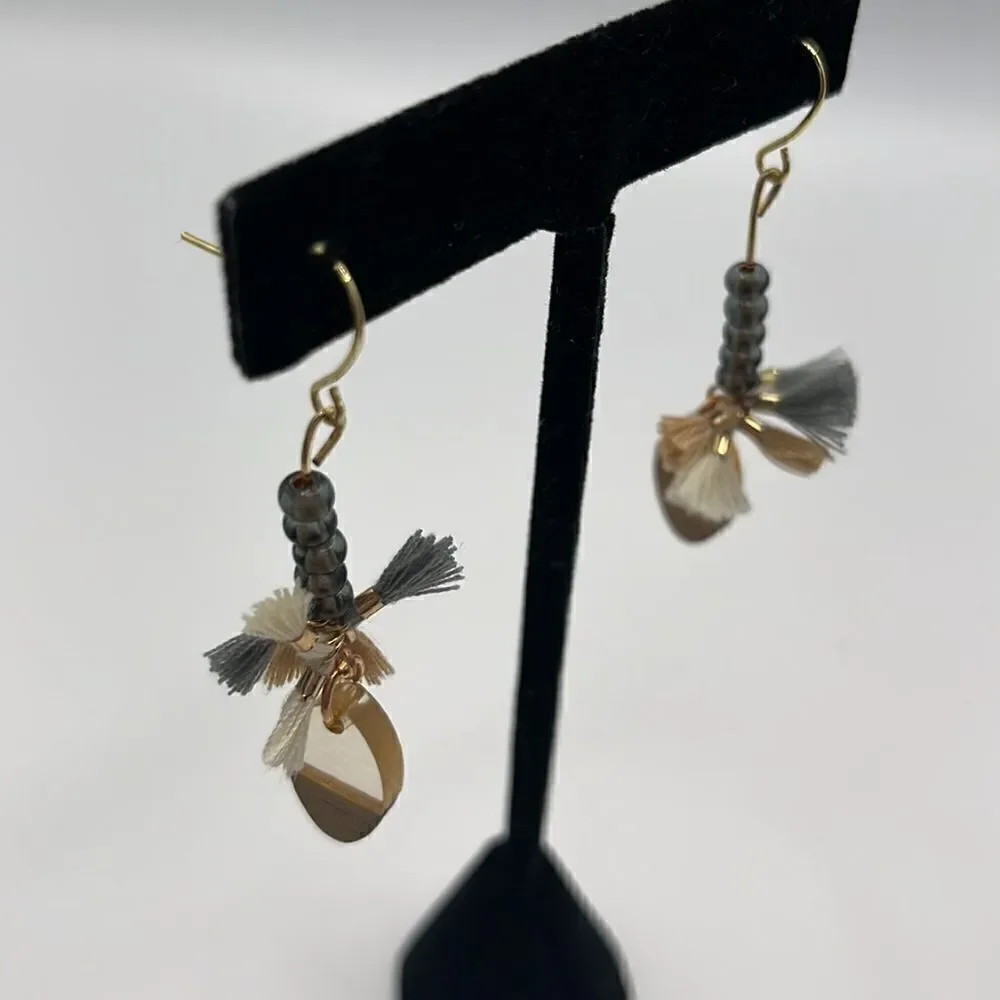 Gold Tone Beaded Tassels and Earth Tone Charm Drop Boho 2” Earrings